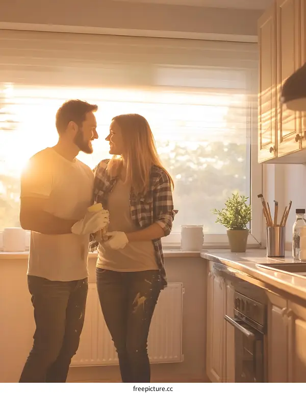 Couple Painting Their Kitchen Together During Sunset