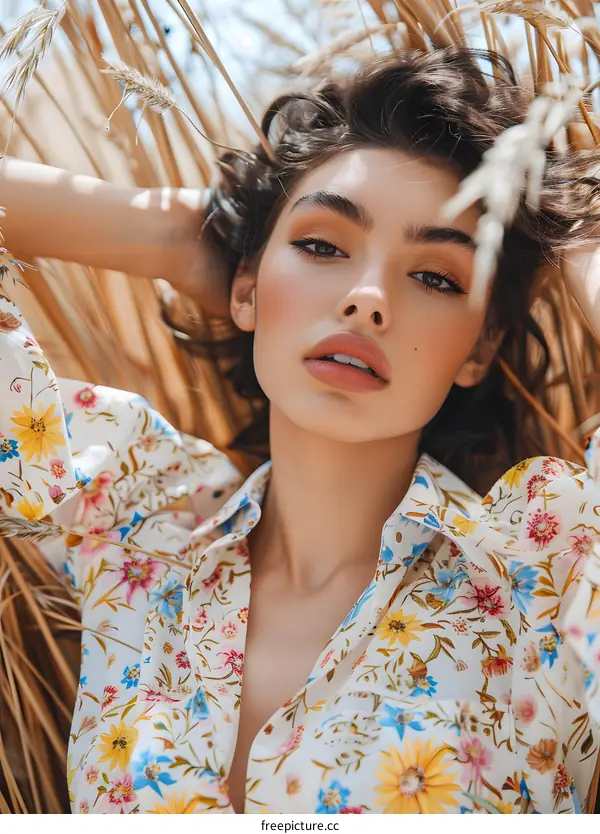 Portrait of a Woman with Brown Hair in a Floral Shirt Posing in a Field of Dried Grass