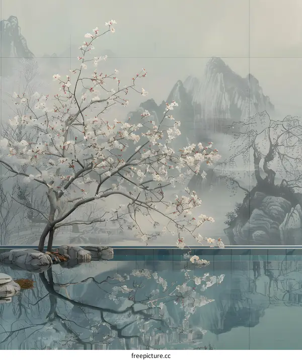 Cherry Blossom Tree Reflected in Water with Mountain Painting Background