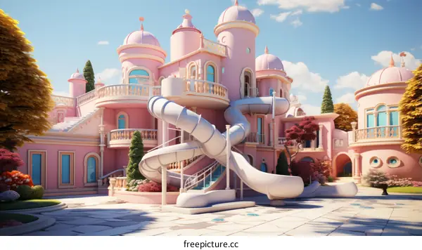 A pink and white palace with a water slide
