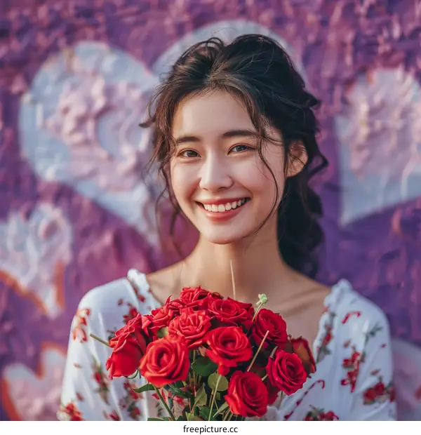 Portrait of a smiling young Asian woman holding a bouquet of red roses