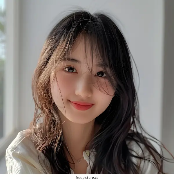 Close Up Portrait of a Young Asian Woman with Long Black Hair Smiling