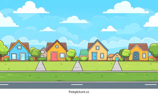 Cartoon Suburban Neighborhood with Colorful Houses and Green Grass