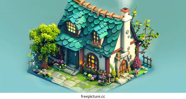 Cartoon Style House With Green Roof And Flowers