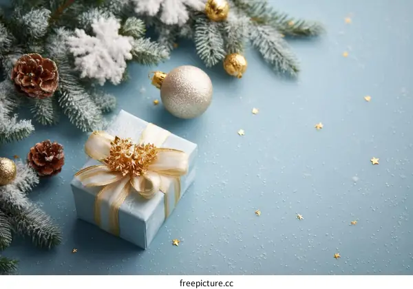 Christmas Gift Box on Light Blue Background