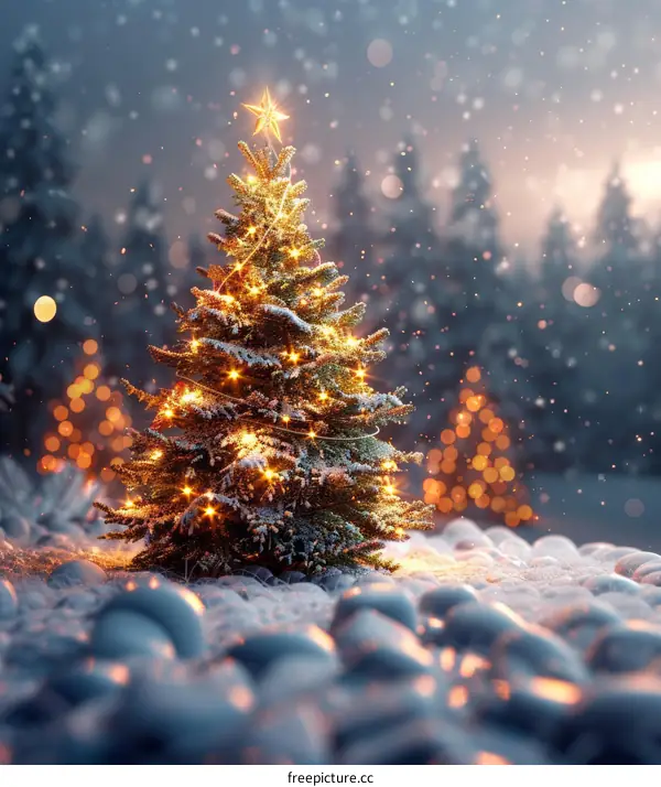 Snowy Christmas Tree in Winter Forest