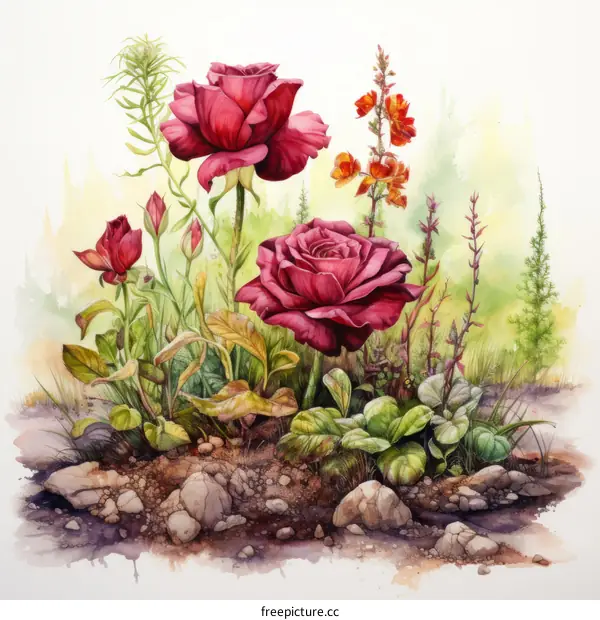 Detailed Watercolor Painting of Red Roses and Flowers