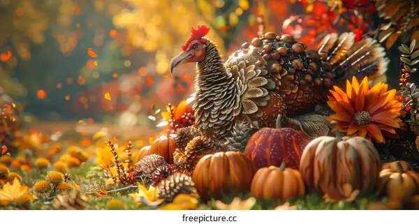 Thanksgiving Cornucopia with Turkey, Pumpkins, Gourds, and Fall Foliage