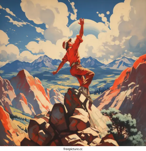 A man reaching for the sky on a mountaintop