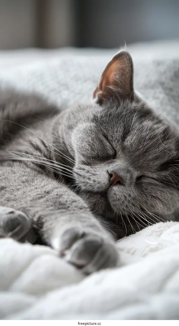 A gray shorthair cat is sleeping on a white blanket.