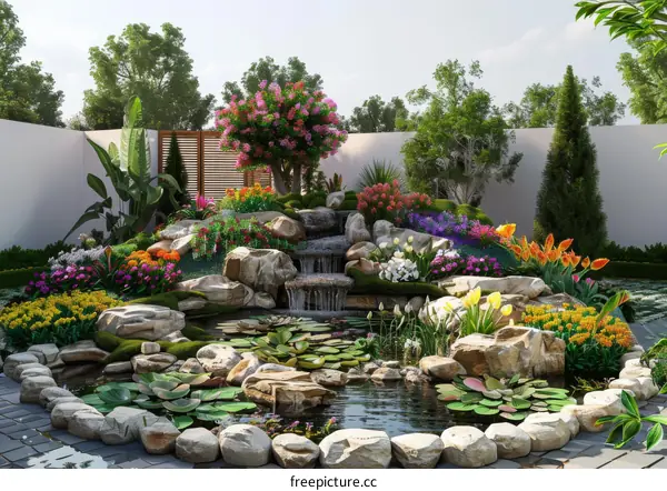 Beautiful Garden with Lush Vegetation, Flowers, and a Waterfall