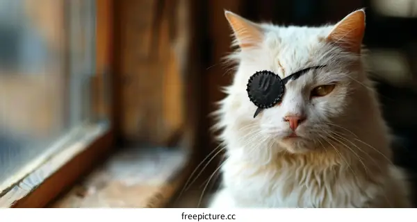 White cat wearing an eye patch