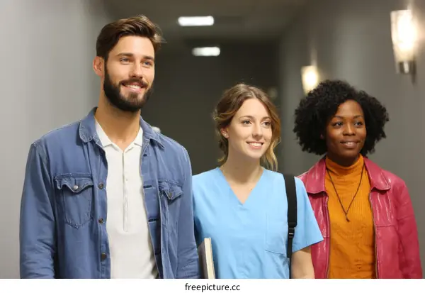 Three Diverse People Walking in a Hospital Corridor
