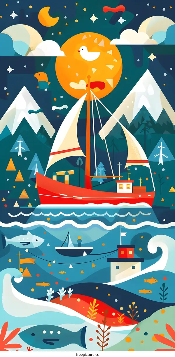 Sailing at Night with the Mountains in the Background