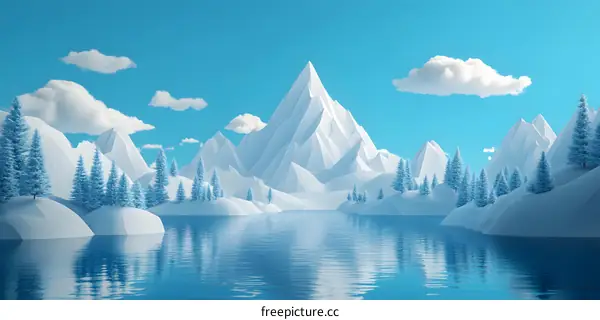 Low Poly Mountain Landscape with Blue Sky and Clouds