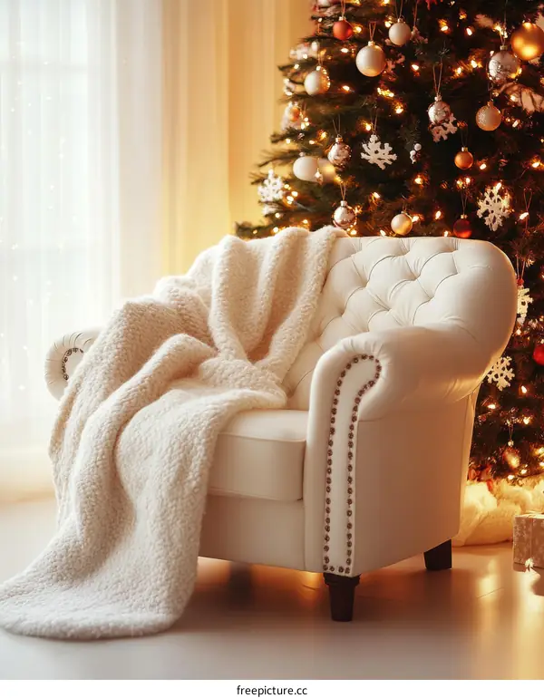 Cozy Christmas Living Room with a White Chair