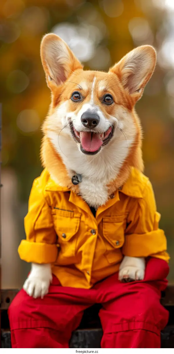 A happy corgi wearing a yellow jacket and red pants
