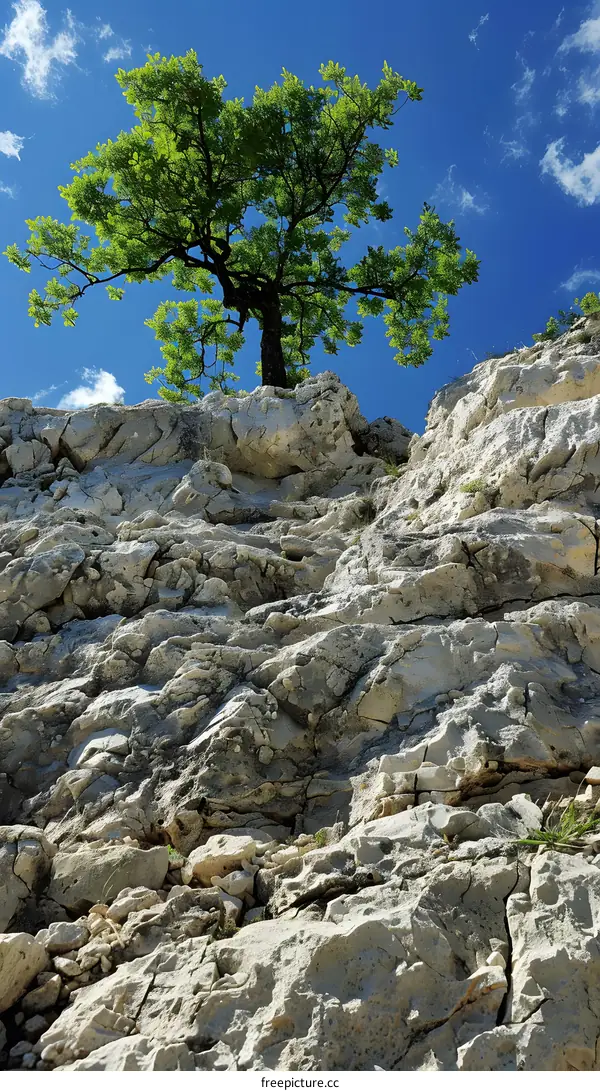 Green Tree Growing on Cliff with Blue Sky