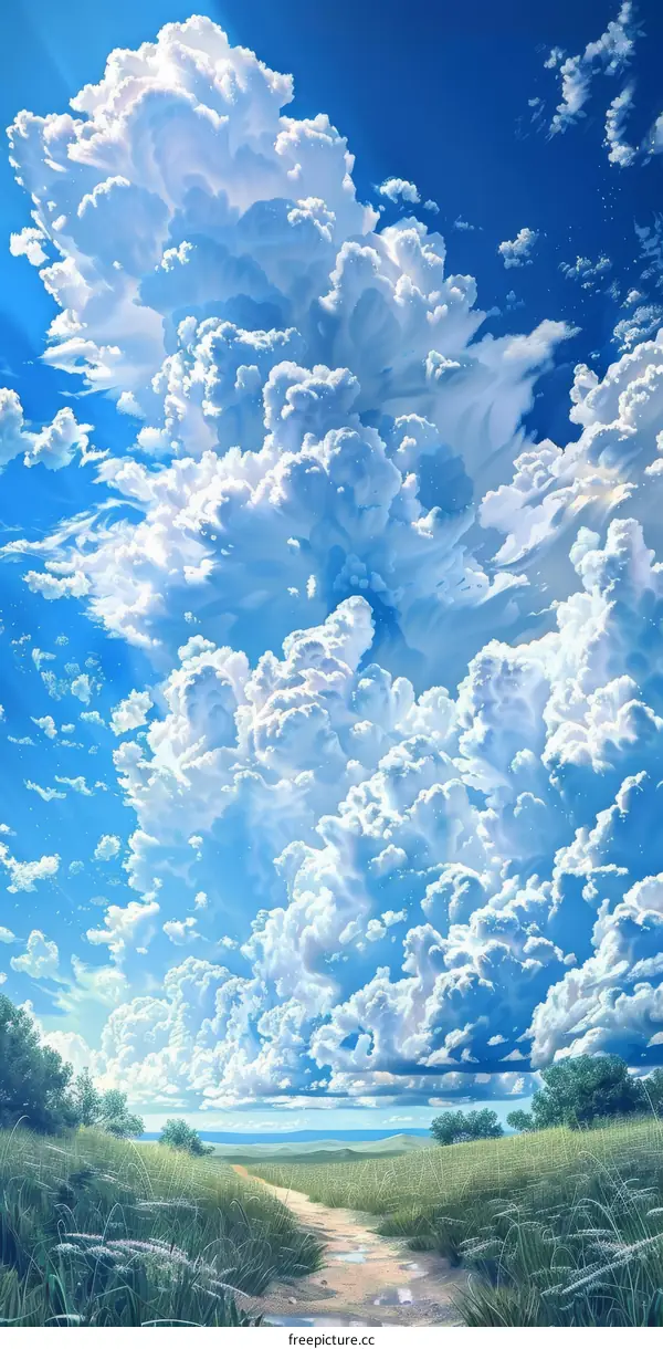 Country Road under Blue Skies and White Clouds