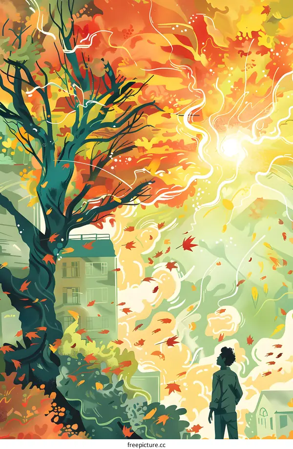 Fall Leaves and a Man Standing in Front of a Building