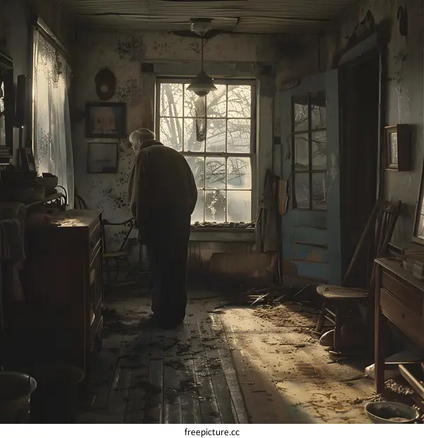 An old man standing in a room with a broken window