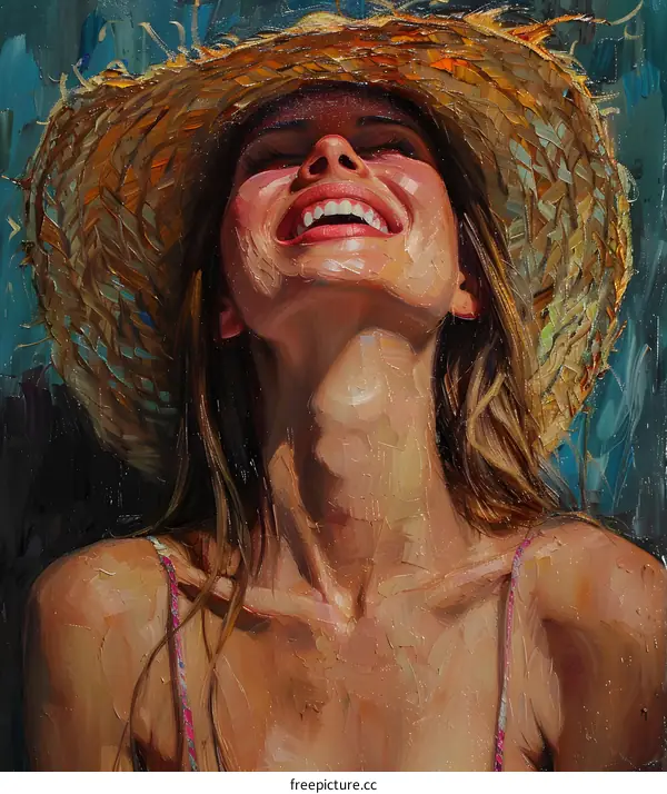 Laughing woman with straw hat
