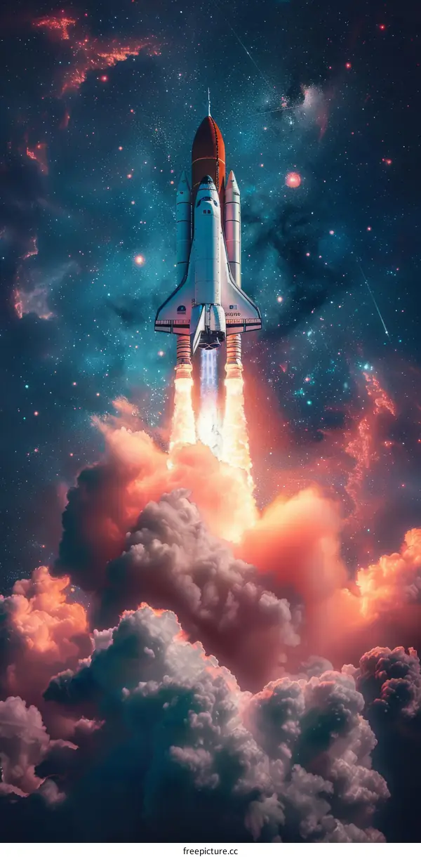 Space Shuttle Atlantis launching into the starry night sky