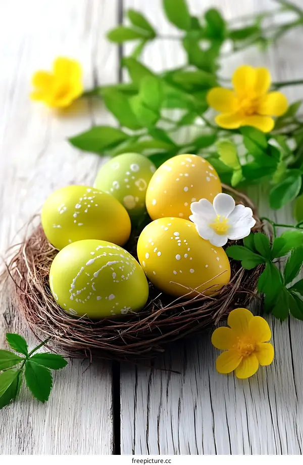 Easter Eggs in a Nest with Flowers