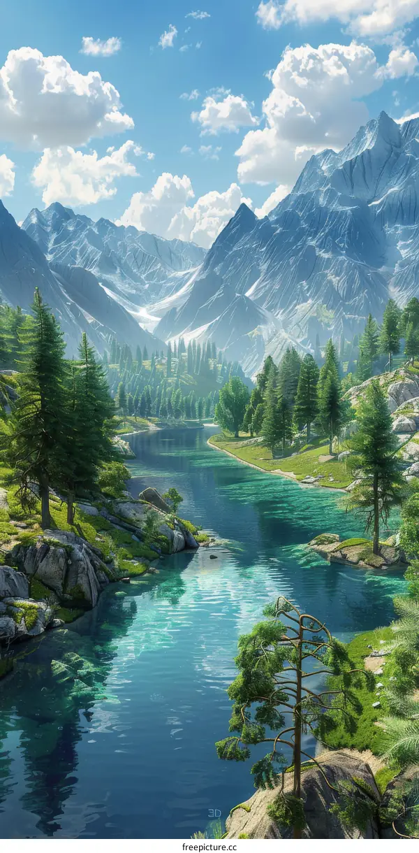 Mountains, River, and Trees