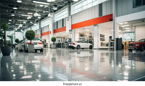 Dealership interior with luxury cars