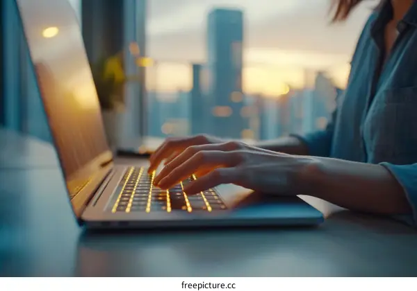 Woman typing on laptop at sunset in the city