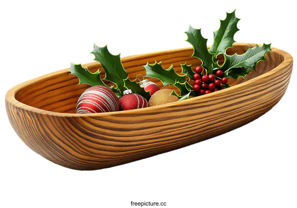 [Transparent Background PNG]Wooden Christmas Bowl with Holly and Ornaments