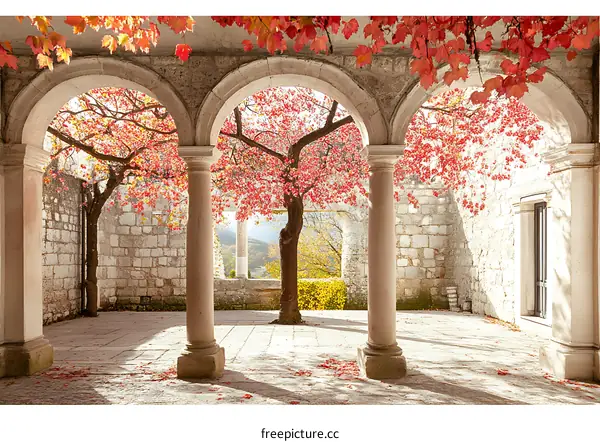 Stone Archway with Red Leaves and a Tree