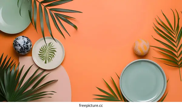 Summer Tropical Flat Lay with Plates, Palm Leaves and Decorative Balls