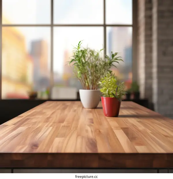 Two potted plants on a wooden table with blurred background