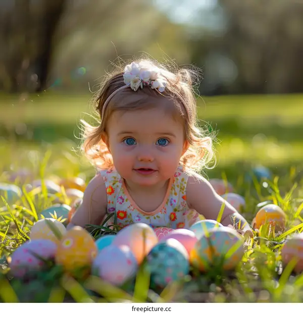 Cute blonde baby girl playing with Easter eggs outside