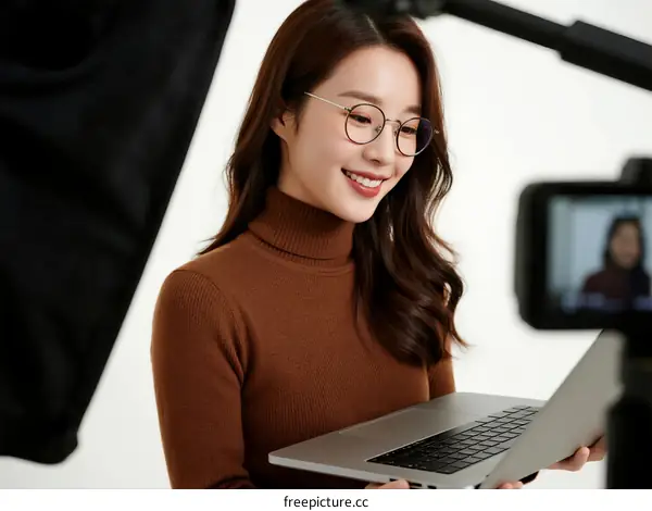 A woman with glasses holding a laptop in a studio setting
