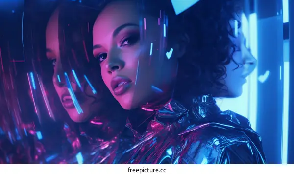 Cyberpunk Portrait: Black Woman in Silver Jacket with Neon Reflections