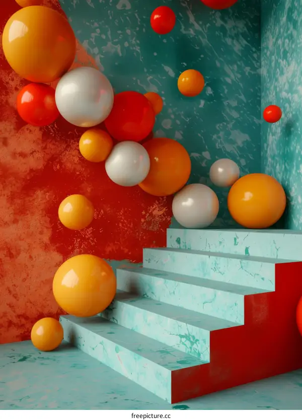 Colorful Abstract 3D Stairway with Floating Balls