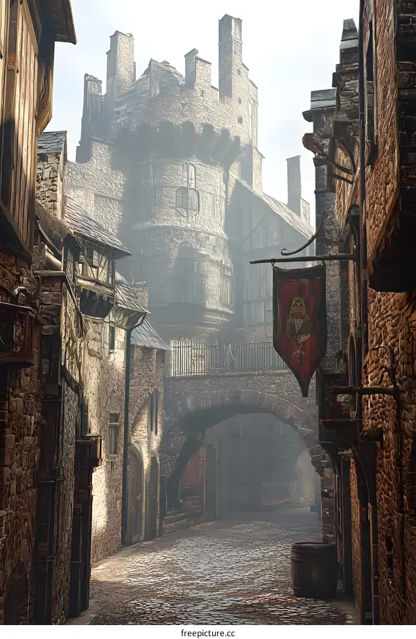 Medieval Village Street with Fog and Stone Buildings