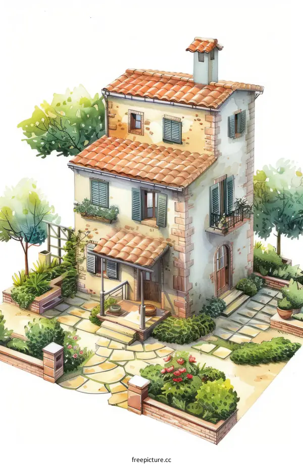 European style two-story house with garden