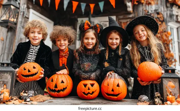 Four children in Halloween costumes with pumpkins