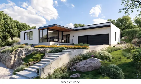 Modern House with Stone Wall and Steps