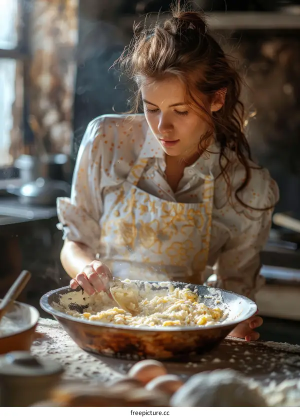 Home cook kneading flour into dough with wooden spoon in kitchen bowl