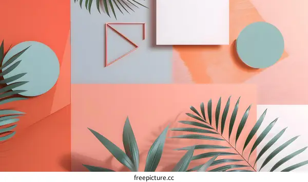 Minimalist Abstract Background with Green Palm Leaves and Geometric Shapes