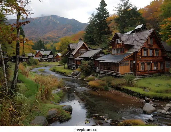 A river flows through a small village in the mountains.