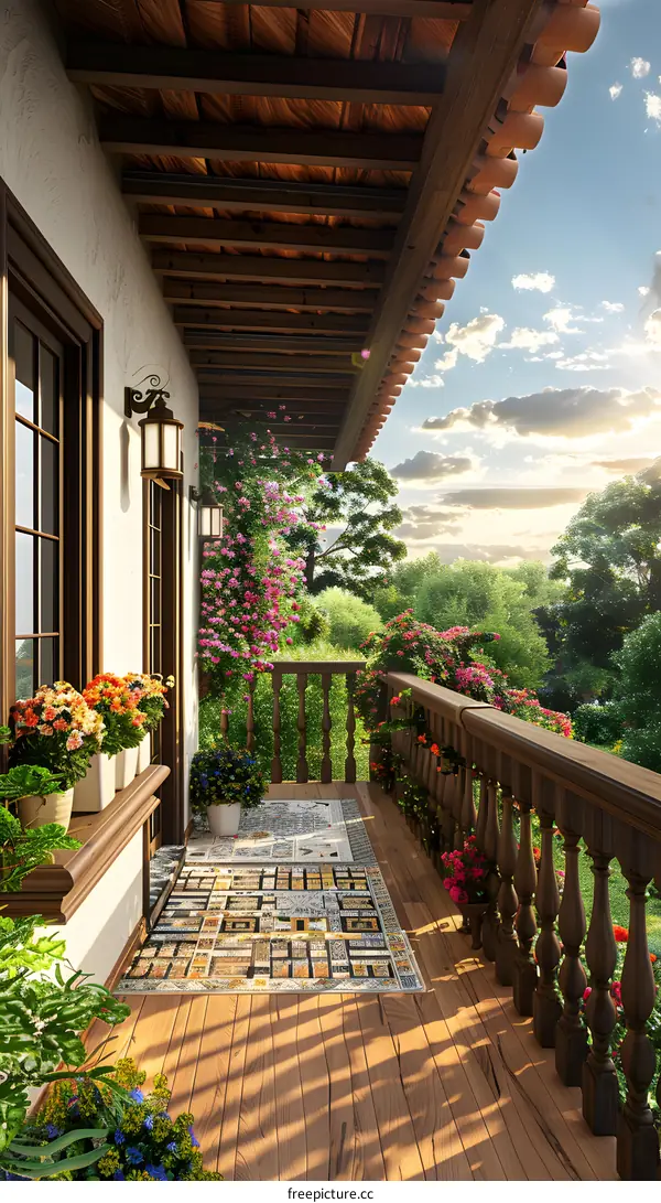 A beautiful balcony with flowers and a view of the garden
