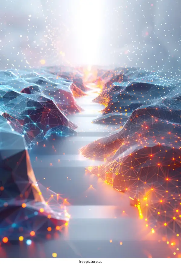 Digital abstract flowing landscape with glowing river through a canyon