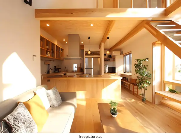 Modern Minimalist Japanese Style Living Room Interior Design with Wooden Beams
