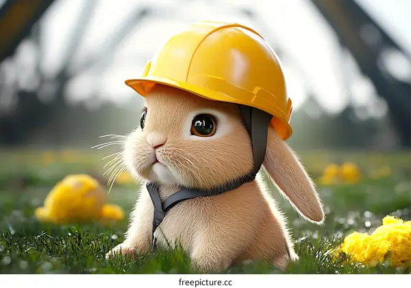 Cute Rabbit Wearing Construction Helmet in Grass